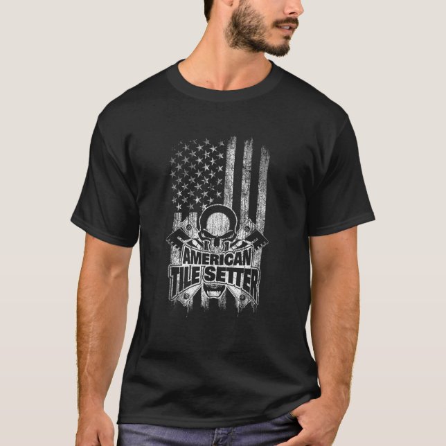 Tile Setter T Shirt American Flag Skull and Trowel (Vorderseite)