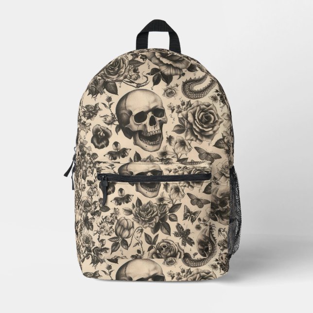 Tile Skull und Blume Tattoo-Muster Bedruckter Rucksack (Vorderseite)