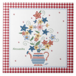 Tile Stencil Floral Red Gingham Personalisiert Fliese