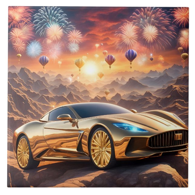tile with a golden luxury car in desert landscape fliese (Vorderseite)