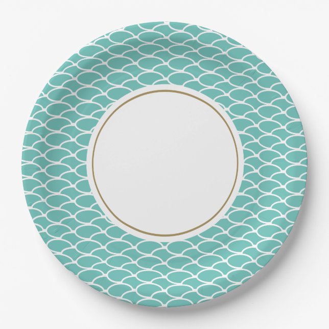 Tiled Aqua Ocean Waves Muster White Center Circle Pappteller (Vorderseite)