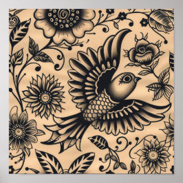 Tiled Bird und Blume Tattoo Muster Poster