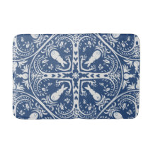 Tiled Dark Blue White Bunny Rabbit Bird Medallion