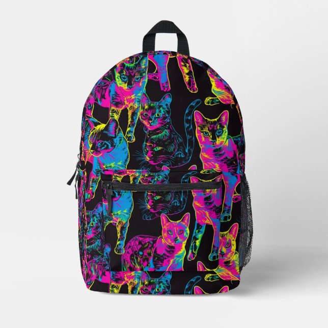 Tiled Neon Cat Pattern Bedruckter Rucksack (Vorderseite)