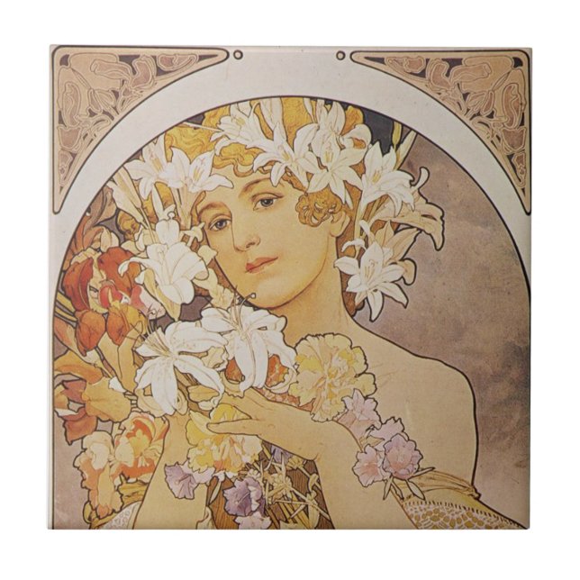 Tiles - Mucha Blume Lady Art Nouveau Fliese (Vorderseite)