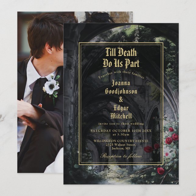 Till Death Gothic Ruins Roses Floral Photo Wedding Einladung (Vorne/Hinten)