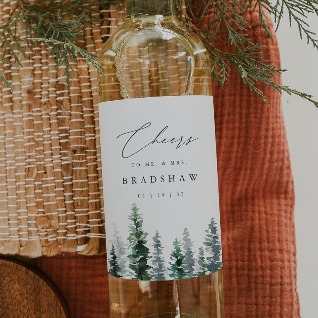 Timber Grove | Winter Evergreen Hochzeit Weinetikett (Von Creator hochgeladen)
