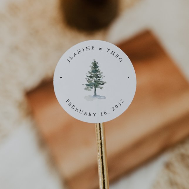 Timber Grove | Winter Pine Tree Wedding Runder Aufkleber (Von Creator hochgeladen)