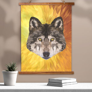 Timber Wolf Moderne Abstrakte Tier-Polygonalkunst  Wandteppich Mit Holzrahmen