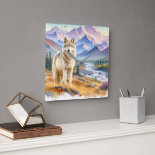 Timber Wolf Natur  Quadratische Wanduhr