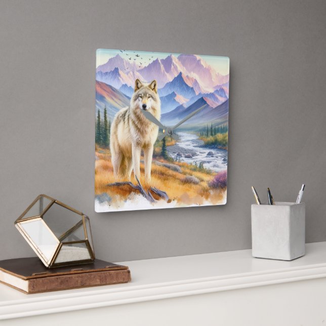 Timber Wolf Nature Quadratische Wanduhr (Büro)