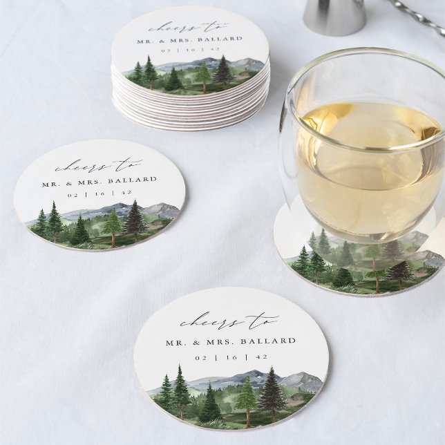 Timberline | Aquarell-Bergwald-Hochzeit Runder Pappuntersetzer (Von Creator hochgeladen)