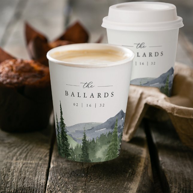 Timberline | Watercolor Mountain Forest Wedding Pappbecher (Von Creator hochgeladen)
