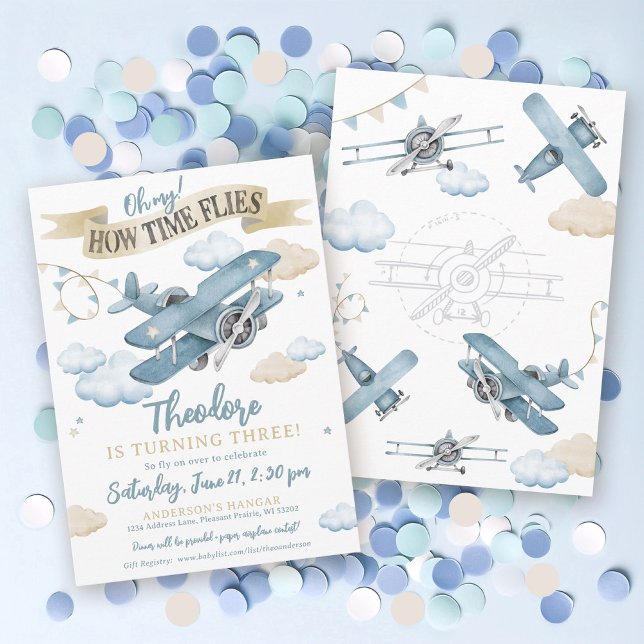 Time Fliegt Flugzeug Cool Blue Boy Geburtstagspart Einladung (Cute watercolor airplane aviation clouds sky theme Time Flies boy 3rd birthday party invitation)