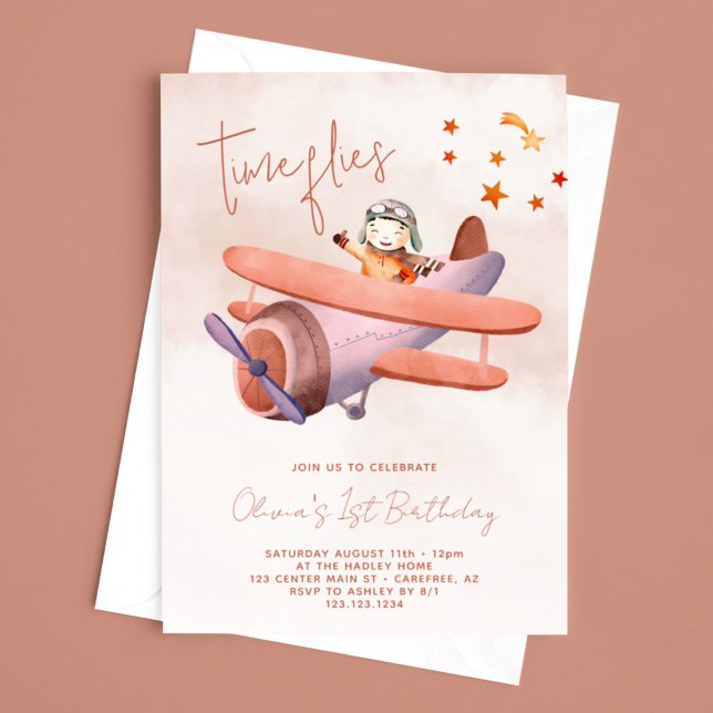 Time Fliegt Flugzeug Girl 1. Geburtstag Einladung (Von Creator hochgeladen)