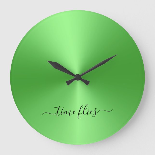 Time Fliegt Neon Green Metallic Style Acrylic Große Wanduhr (Vorderseite)
