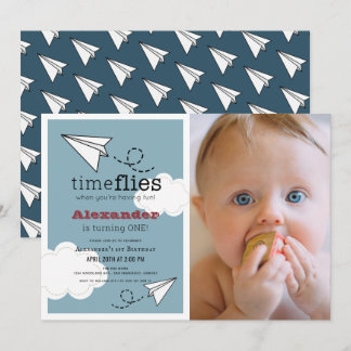 Time Fliegt Paper Flugzeug Blue Boy Foto1. Geburts Einladung