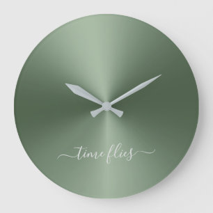 Time Flies Fern Fern Grün Metallic Stil Acrylic Große Wanduhr
