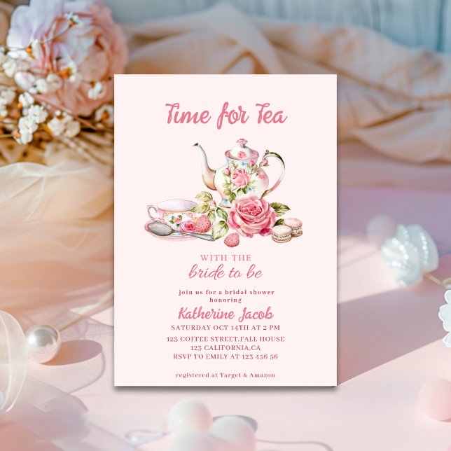 Time for Tea Pink Floral Tea Party Bridal Shower  Einladung (Von Creator hochgeladen)