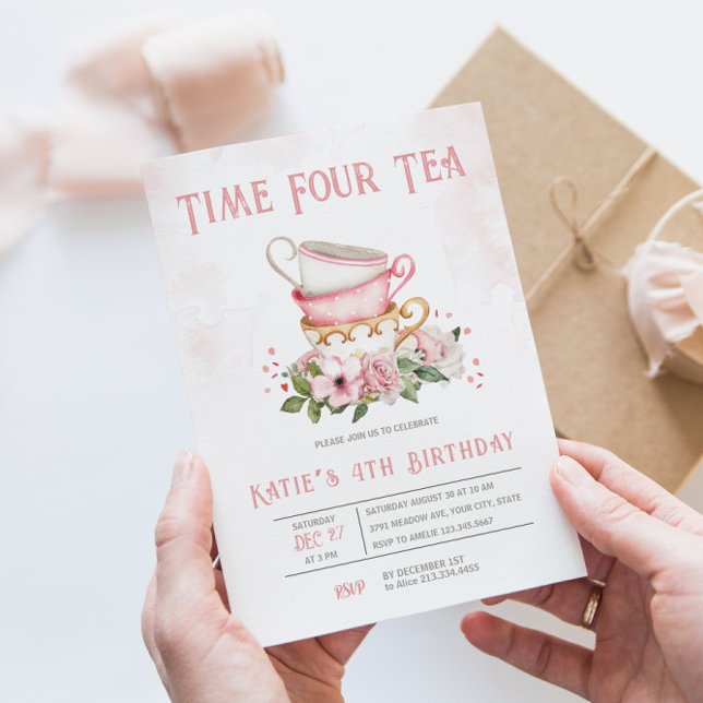 Time Four Tea Teacups Thema Geburtstag Einladung (Von Creator hochgeladen)