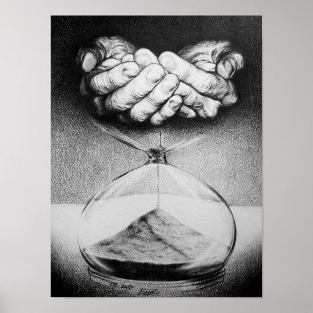 Time Hourglass Hände Stift zeichnend surreale Kuns Poster (Vorne)
