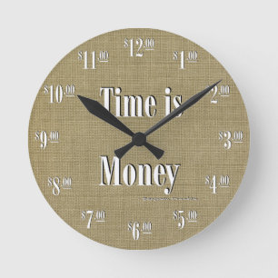 Time is Money Clock - White text on taupe texture Runde Wanduhr