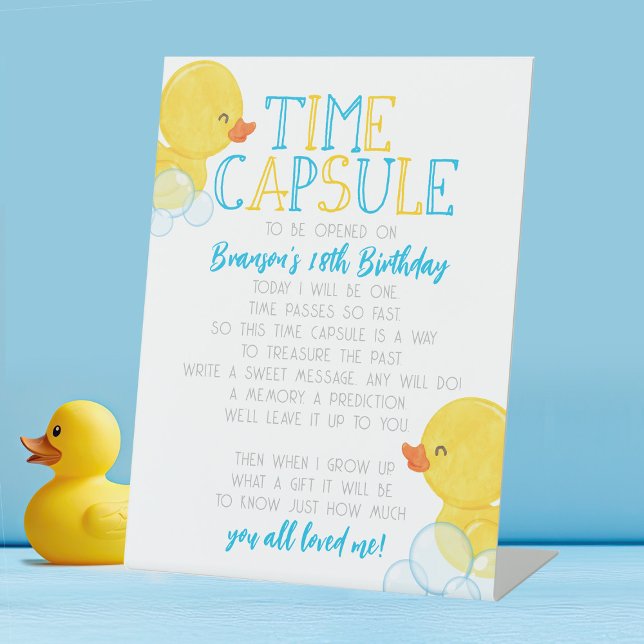 Time Kapsel Gummi Ente 1. Geburtstag Party Sockelschild (Watercolor Rubber Duck First Birthday Time Capsule Party Pedestal Sign)