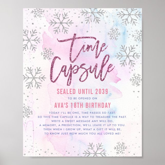 Time Kapsel Silver Snowflake Glitzer Magenta Poster (Vorne)