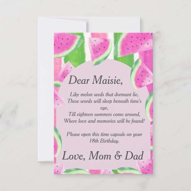 Time Kapselgedicht Pink Watermelon Brief Note Einladung (Vorderseite)