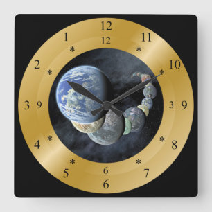 Time Machine Clock ~ Besuch Erde wie Planeten ~ Quadratische Wanduhr