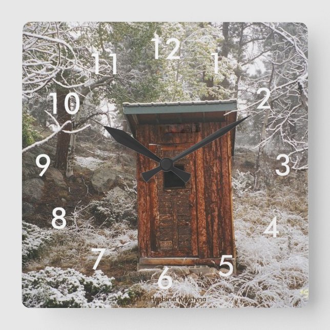 TIME TO GO! OUTHOUSE WALL CLOCK WINTER SCENE QUADRATISCHE WANDUHR (Vorderseite)