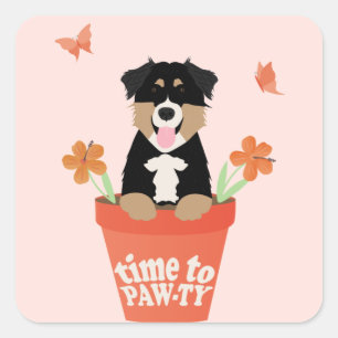 Time To Pawty Australian Shepherd Dog Quadratischer Aufkleber