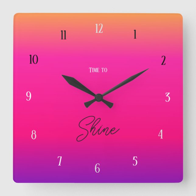 Time to Shine – Bold Sunset Gradient Quadratische Wanduhr (Vorderseite)