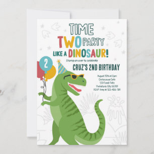 Time Two Party Dinosaur T-Rex 2. Geburtstag Party Einladung