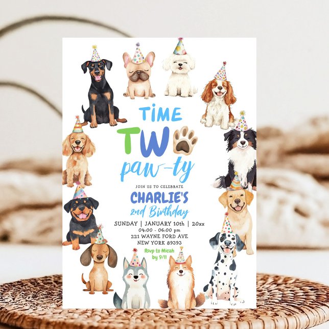 Time Two Pawty Dog Lovers Kids Second Birthday Einladung (Von Creator hochgeladen)