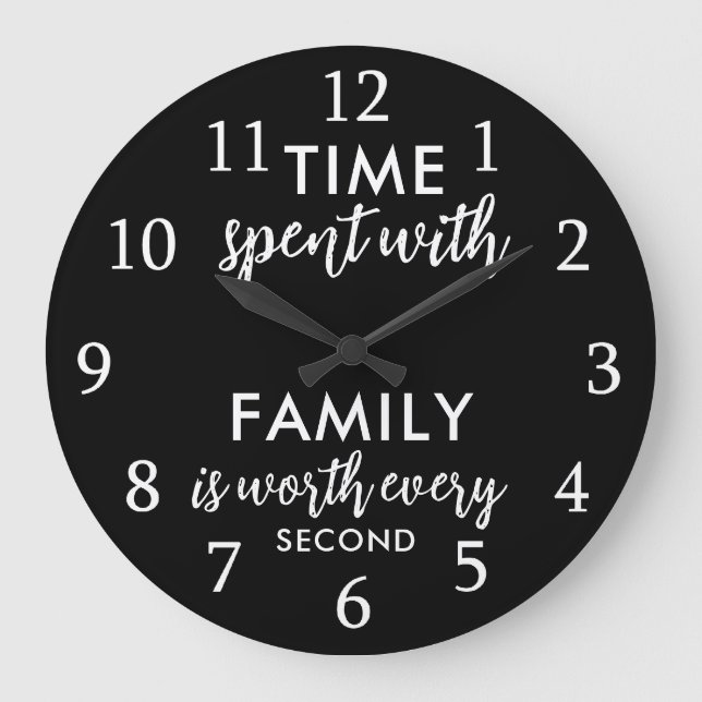 Time With Family Quote Typography Black And White Große Wanduhr (Vorderseite)