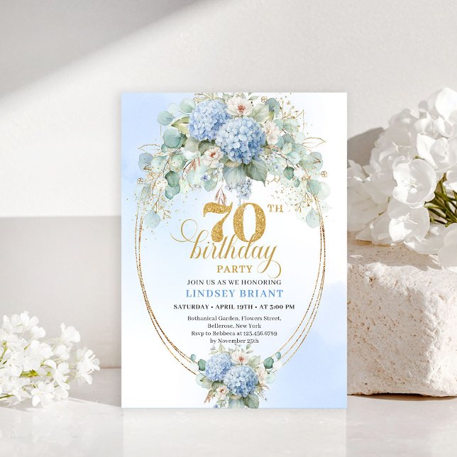Timeless 70th Birthday Soft Blue Hydrangea Invite Einladung (Timeless 70th Birthday Soft Blue Hydrangea Invitation)