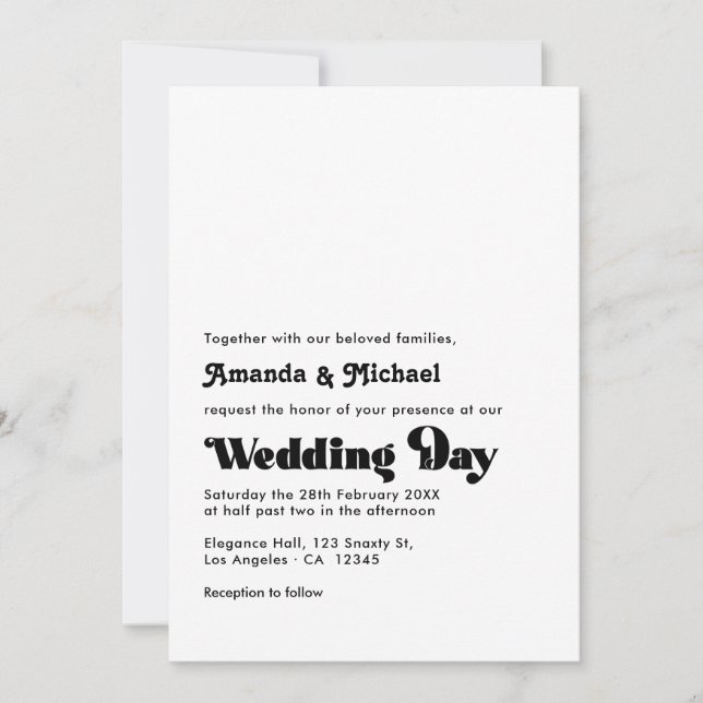 Timeless Black and White Retro Typografy Wedding Einladung (Vorderseite)