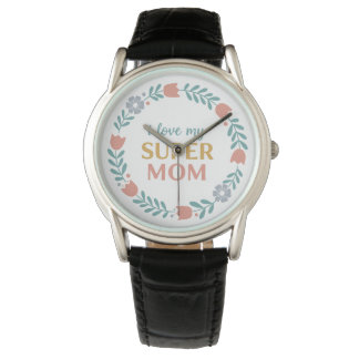 Timeless Black Leather I Love My Super Mom Watch Armbanduhr