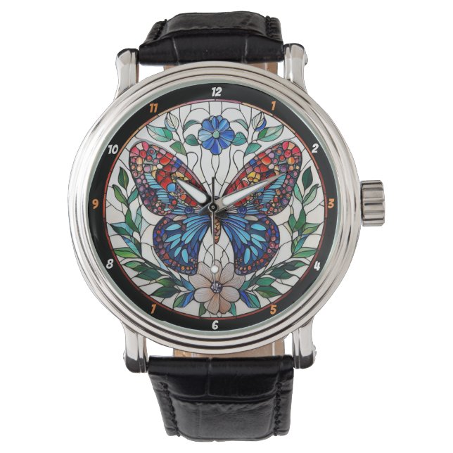 Timeless Bloom" - Stained Glass Butterfly  Armbanduhr (Vorderseite)