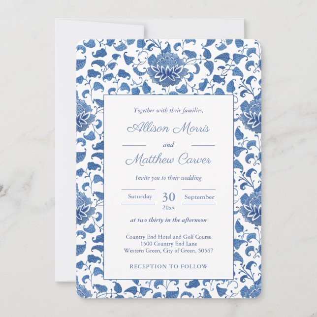 Timeless Blue and White Chinoiserie Chic Wedding Einladung (Vorderseite)