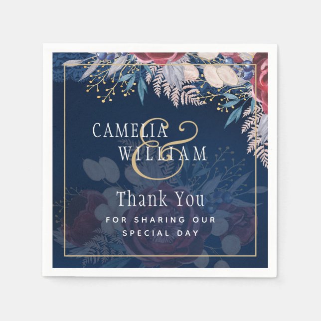 Timeless Blue Burgundy Floral Lace Wedding Serviette (Vorderseite)