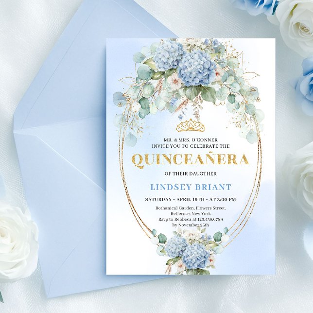 Timeless Blue Floral Gold Quinceañera Invitation Einladung (Timeless Blue Floral Gold Quinceañera Invitation)