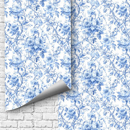 Timeless Blue French Toile Roses Floral Wallpaper  Tapete