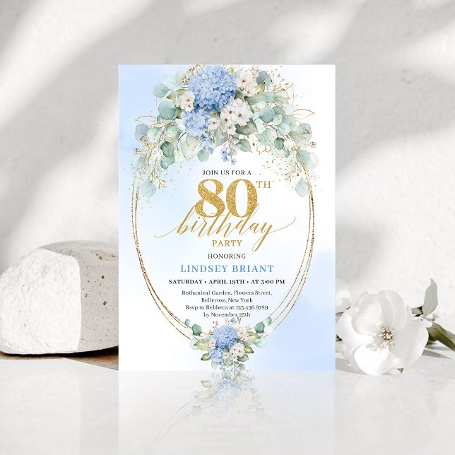 Timeless Blue Hydrangea Gold 80th Birthday Invite Einladung (Timeless Blue Hydrangea Gold 80th Birthday Invite)
