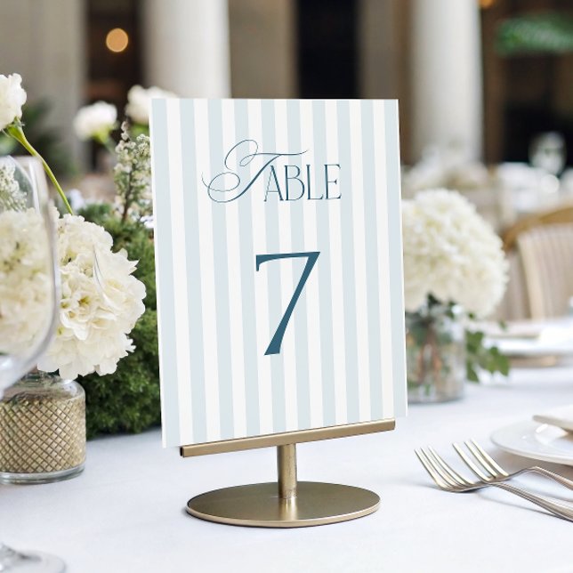 Timeless Blue Stripes Wedding Table Number 7 Sign Einladung (Von Creator hochgeladen)