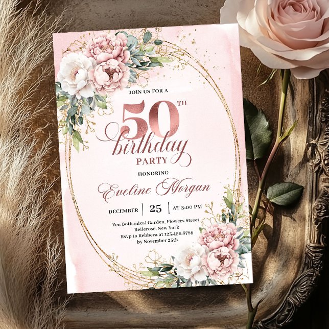 Timeless Blush Flowers Rose Gold 50th Birthday  Einladung (Timeless Blush Flowers Rose Gold 50th Birthday Invitation

)