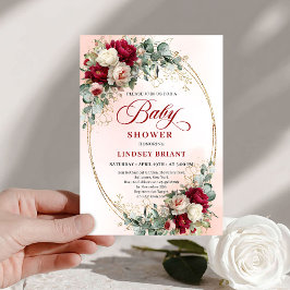 Timeless Bohemian Burgundy Floral Gold Baby Shower Einladung