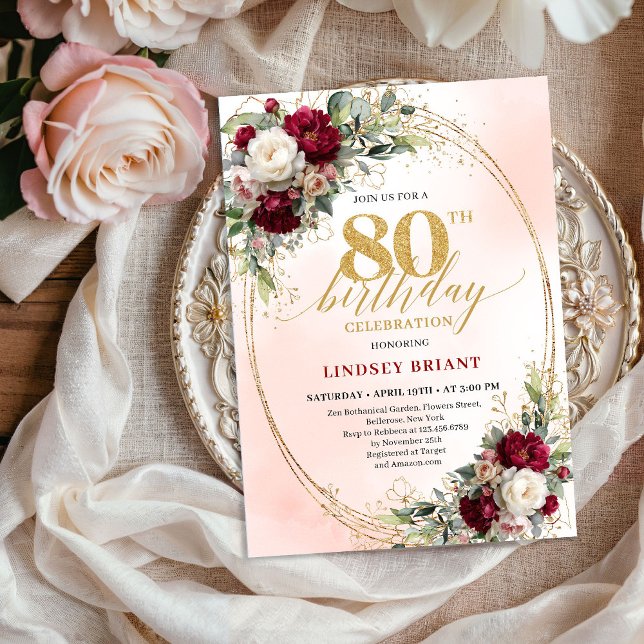 Timeless Burgundy Boho Floral 80th Birthday Invite Einladung (Timeless Burgundy Boho Floral 80th Birthday Invite)