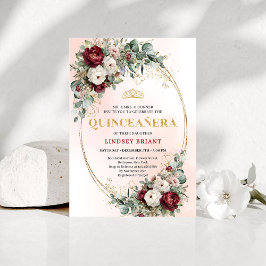 Timeless Burgundy Floral Quinceañera Gold Invite Einladung